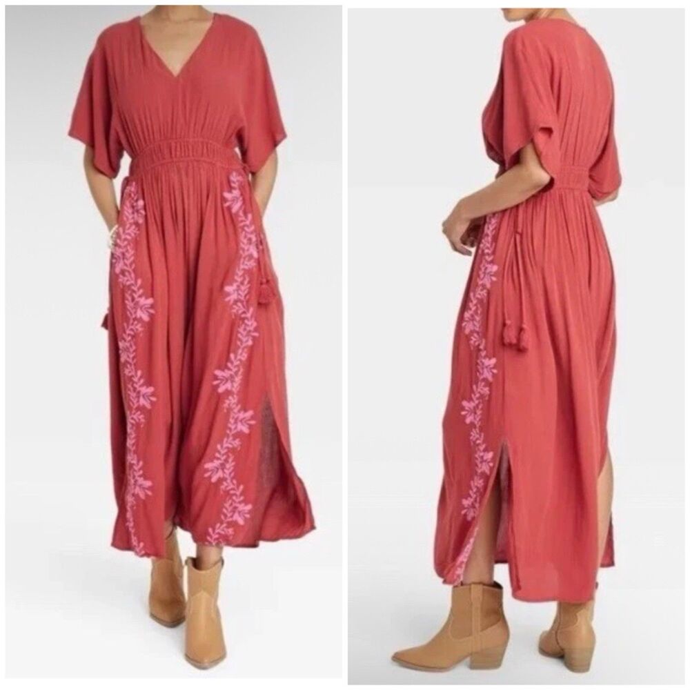 Knox Rose Prairie Embroidered Maxi Dress Size Medium Boho Short Sleeve Chic